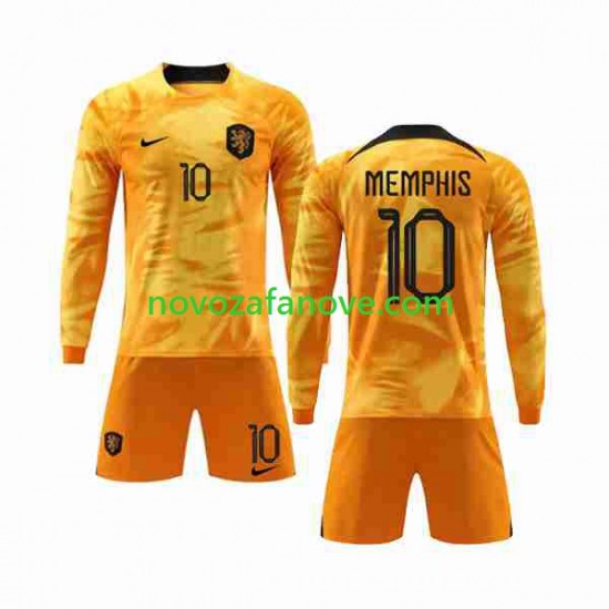 Nogometni Dres Nizozemska Memphis 10 Dječji Domaći Svjetsko prvenstvo 2022 Dugim Rukavima