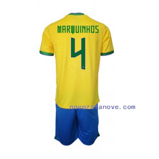 Nogometni Dres Brazil Marquinhos 4 Dječji Domaći Svjetsko prvenstvo 2022 Kratkih Rukava